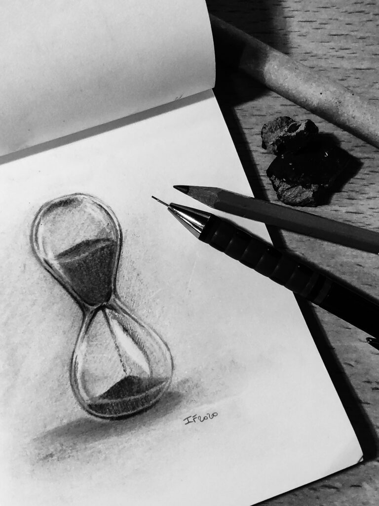 dessin d'un sablier au crayon graphite sur papier par Isabelle Fraysse